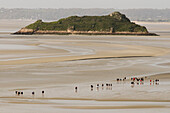France, Manche, Mont Saint Michel, listed as World Heritage by UNESCO, walkers crossing the bay in front of the Tombelaine islet