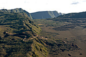 France, Reunion island (French overseas department), Parc National de La Reunion (Reunion National Park), listed as World Heritage by UNESCO, Piton de la Fournaise volcano, Plaine des Sables (aerial view)