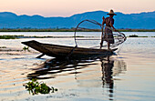Myanmar (Burma), Shan State, Inle Lake, Pauk Par village, U Thone the fisherman on his dugout canoe