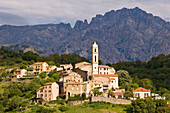 France, Haute Corse, Soveria village dominated by the spines of Popolasca