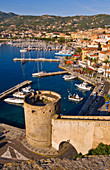 France, Haute Corse, the Gulf of Calvi, Calvi, the Marina and the Quai Landry, view from the citadel built in the 13th century by the Genoeses