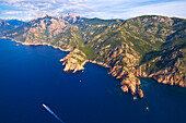 France, Corse du Sud, the Gulf of Porto, listed as World Heritage by UNESCO, Calanches de Piana, Piana village (aerial view)