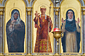 France, Corse du Sud, Cargese, Greek catholic church (Eastern rite or Uniate) built between 1852 and 1870, wooden dividing wall decorated with icons upon golden background, detail