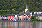 View over the Rhine to the old town of Sankt Goar with abbey church, Upper Middle Rhine Valley, Rheinland-Palatinate, Germany, Europe