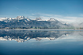 Lake Hopfensee, Hopfen am See, Allgaeu, Bavaria, Germany, Mountains, Snow, mist, Lake