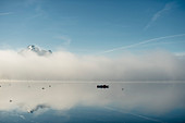Lake Hopfensee, Hopfen am See, Boat, Allgaeu, Bavaria, Germany, Mountains, Snow, mist, Lake