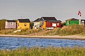 Strandhütten am Strand Erikshale auf der Insel Ærø, Marstal, Schärengarten von Fünen, Dänische Südsee, Süddänemark, Dänemark, Nordeuropa, Europa