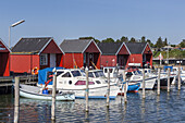 Red huts in the harbour of Rødvig, Stevns Peninsula, Island of Zealand, Scandinavia, Denmark, Northern Europe