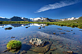 Oetztal Alps reflecting in mountain lake, lake Soomsee, Obergurgl, Oetztal Alps, Tyrol, Austria