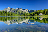 Mountain lake with chapel, Cima Presanella in background, lake lago San Giuliano, Val Genova, Adamello-Presanella Group, Trentino, Italy