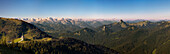 Panoramic View from Wallberg over the chapel to the Karwendel mountains, Wetterstein mountains, Zugspitze and the summit of Rossstein/Buchstein, Bavaria, Germany