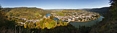 Panoramic view over the Kautenbach valley, Grevenburg castle and the Mosel river bend near Traben-Trarbach, Mosel, Rhineland-Palatinate, Germany