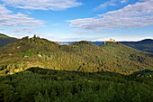 View to Scharfenberg, Anebos and Trifels castle, near Annweiler, Palatinate Forest, Rhineland-Palatinate, Germany