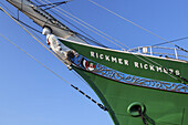 Bow of the sailing ship Rickmer Rickmers in the port of Hamburg, Hanseatic City Hamburg, Northern Germany, Germany, Europe