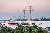 Museum sailing ship Rickmer Rickmers in front of ship Cap San Diego in the port of Hamburg, Hanseatic City Hamburg, Northern Germany, Germany, Europe