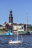 Tower of church St. Michaelis and port of Hamburg, Hanseatic City Hamburg, Northern Germany, Germany, Europe