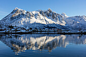 Austnesfjorden with Sildpollneset village and the Trolltindan mountains, Austvagoya, Lofoten Islands, Norway, Skandinavia, Europe