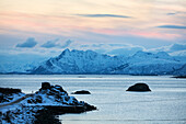 Rorvika, Austvagoya, view westwards to the mountains of Vestvagoya, Lofoten Islands, Norway, Scandinavia, Europe