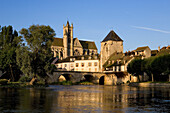 France, Seine et Marne, Moret on Loing, Loing River, Porte de Bourgogne (Gate of Burgundy) and Notre Dame de la Nativite Church