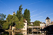 France, Seine et Marne, Moret on Loing, panorama on Loing River, Provencher mill in an islet, the church and Porte de Bourgogne (Gate of Burgundy)