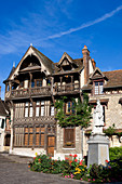 France, Seine et Marne, Moret on Loing, Maison Racollet with Neo Medevial style on the City Hall Square