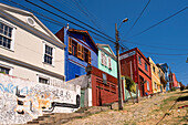 Chile, Valparaiso Region, Valparaiso, historic district listed as World Heritage by UNESCO, Cerro Alegre, iron sheet houses with colourful facades