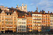 France, Rhone, Lyon, historical site listed as World Heritage by UNESCO, Quai Fulchiron on the Rhone River and Notre Dame de Fourviere Basilica