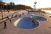 France, Rhone, Lyon, historical site listed as World Heritage by UNESCO, in the backgroung the swimming pool, Quai Claude Bernard on the Rhone River