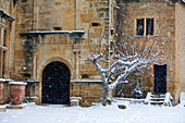 France, Vaucluse, Luberon, Lourmarin, labelled Les Plus Beaux Villages de France (The Most Beautiful Villages of France), the 15th and 16th centuries castle under the snow
