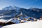 France, Savoie, Parc National de La Vanoise, Montvalezan, Chatelard Hamlet, St Michel Chapel with view on the Mont Pourri (3779m)