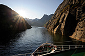 Norway, Nordland County, Lofoten Islands, Austvagoy Island, the Coastal Express (Hurtigruten) crossing Trollfjord, narrow fjord at the edge of Raftsundet