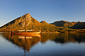 Norway, Nordland County, Lofoten Islands, Vestvagoy Island, Lofotr drakkar identically built on Borg Lake