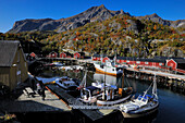 Norway, Nordland County, Lofoten Islands, Flakstadoy Island, harbour of Nussfjord restored village