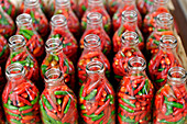 Brazil, Bahia State, Sao Joaquim Market, bottles of red and green chilis