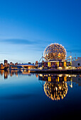 Canada, British Columbia, Vancouver, False Creek, the cupola of Science World BC and BC Place Stadium by PBK Architects, where the openning ceremony for the 2010 Olympic Games will take place