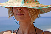 India, Kerala State, Varkala, a Western tourist and her hat