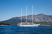 Motor sailing cruise ship M/S Panorama (Variety Cruises) at anchor during swim stop for guests, near Korcula, Dubrovnik-Neretva, Croatia