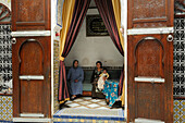 Morocco, Middle Atlas, Fez, Imperial City, Fez El Bali, medina listed as World Heritage by UNESCO, inside Lalla Fatéma's family riad which is a Bed and Breakfast, the living room
