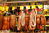 Spain, Balearic Islands, Majorca, Soller, Saturday morning market, cooked meat produced locally, the sobrasada and the botifarrons