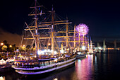 France, Seine Maritime, Rouen, the Armada (concentration of sailboats) 2008 with the Amerigo Vespucci ship in front and fireworks