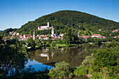 View to city and Burgruine Scherenburg castle from bridge across Main river, Gemuenden am Main, Spessart-Mainland, Bavaria, Germany