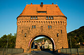 Torhaus town gate on Mainbruecke bridge across Main river, Miltenberg, Spessart-Mainland, Bavaria, Germany