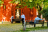 Adelhauser Platz and people with motion blur, Freiburg, Black Forest, Baden-Wuerttemberg, Germany