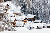 The snowy woods frame the typical mountain huts, Bettmeralp, district of Raron, canton of Valais, Switzerland, Europe