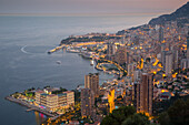 View of Monaco from above at dusk, Monaco, Mediterranean, Europe