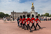 Changing the Guard at Buckingham Palace, New Guard marching, colourful spectacle and British pageantry, London, England, United Kingdom, Europe