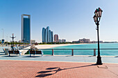 View from the Breakwater towards Abu Dhabi Oil Company HQ and Etihad Towers, Abu Dhabi, United Arab Emirates, Middle East
