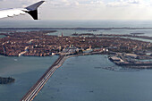 Flying over Venice and the lagoon, landing at Marco Polo Airport, Venice, Italy