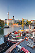Historical port, Maerkisches Ufer, Spree River, Berliner Fernsehturm (television tower), Berlin, Germany, Europe