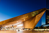 Exterior of Rotterdam Central Station at night, Rotterdam, Netherlands, Europe